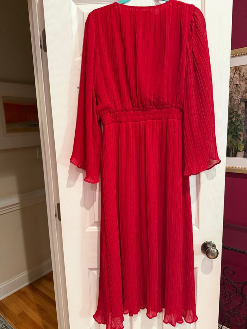 Zara Bright Red Pleated V‑Neck Midi Dress - Picture 5 of 5